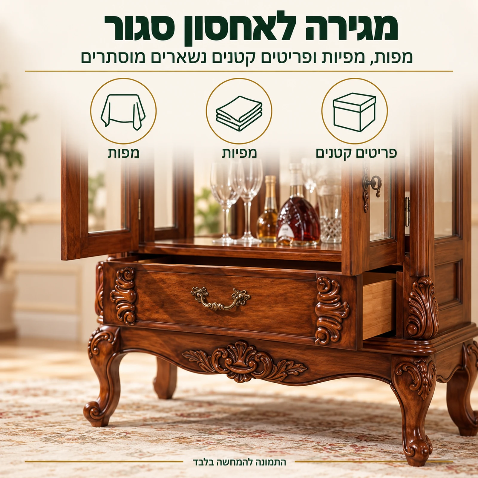 ויטרינה קלאסית מעץ – מגירה תחתונה לאחסון סגור של מפות ומפיות