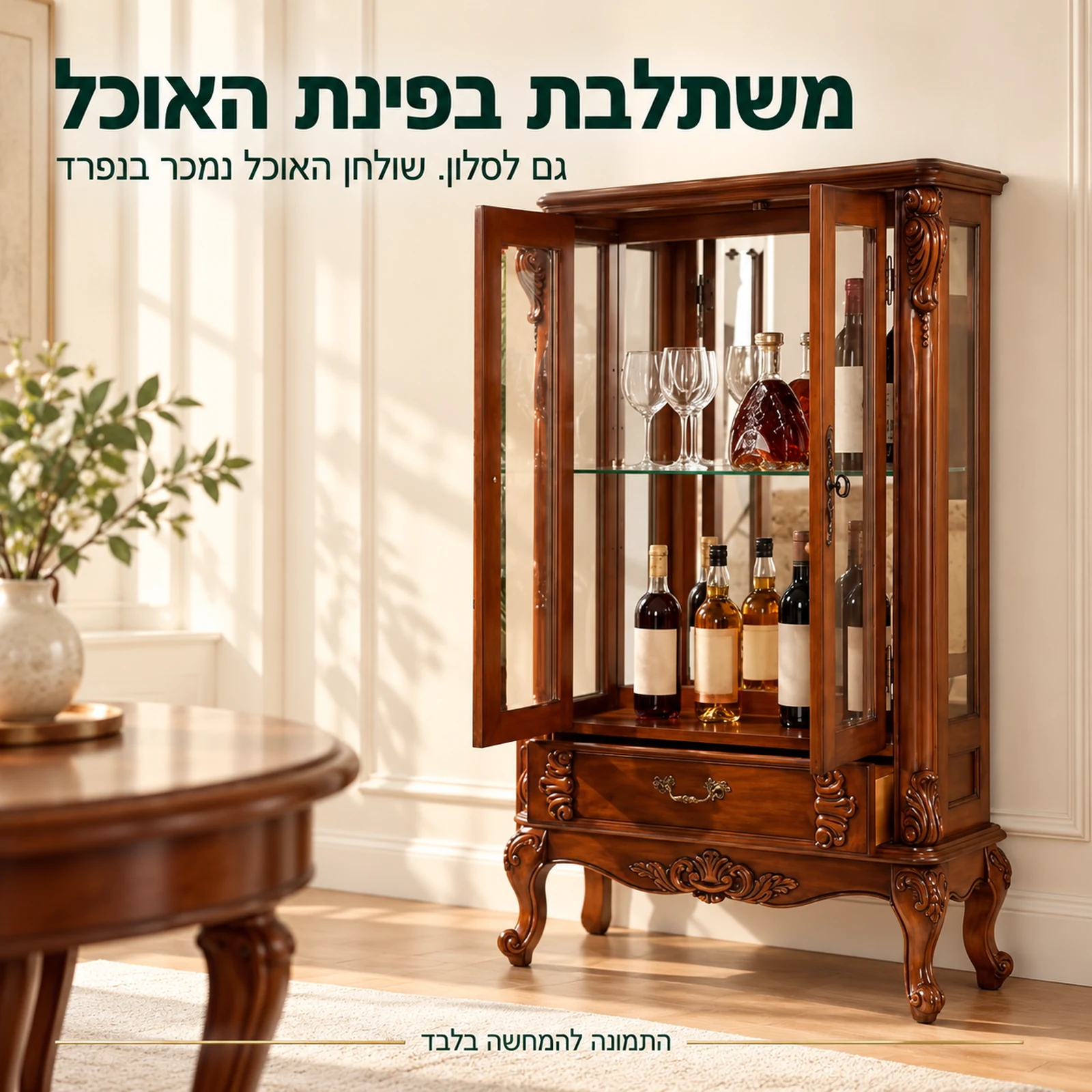 ויטרינה קלאסית מעץ בפינת האוכל – תצוגה לסרוויס וכלי זכוכית