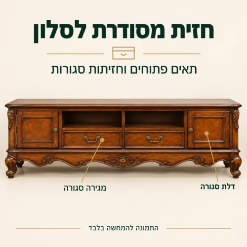 חזית שידת טלוויזיה עם תאים פתוחים, מגירות ודלתות סגורות