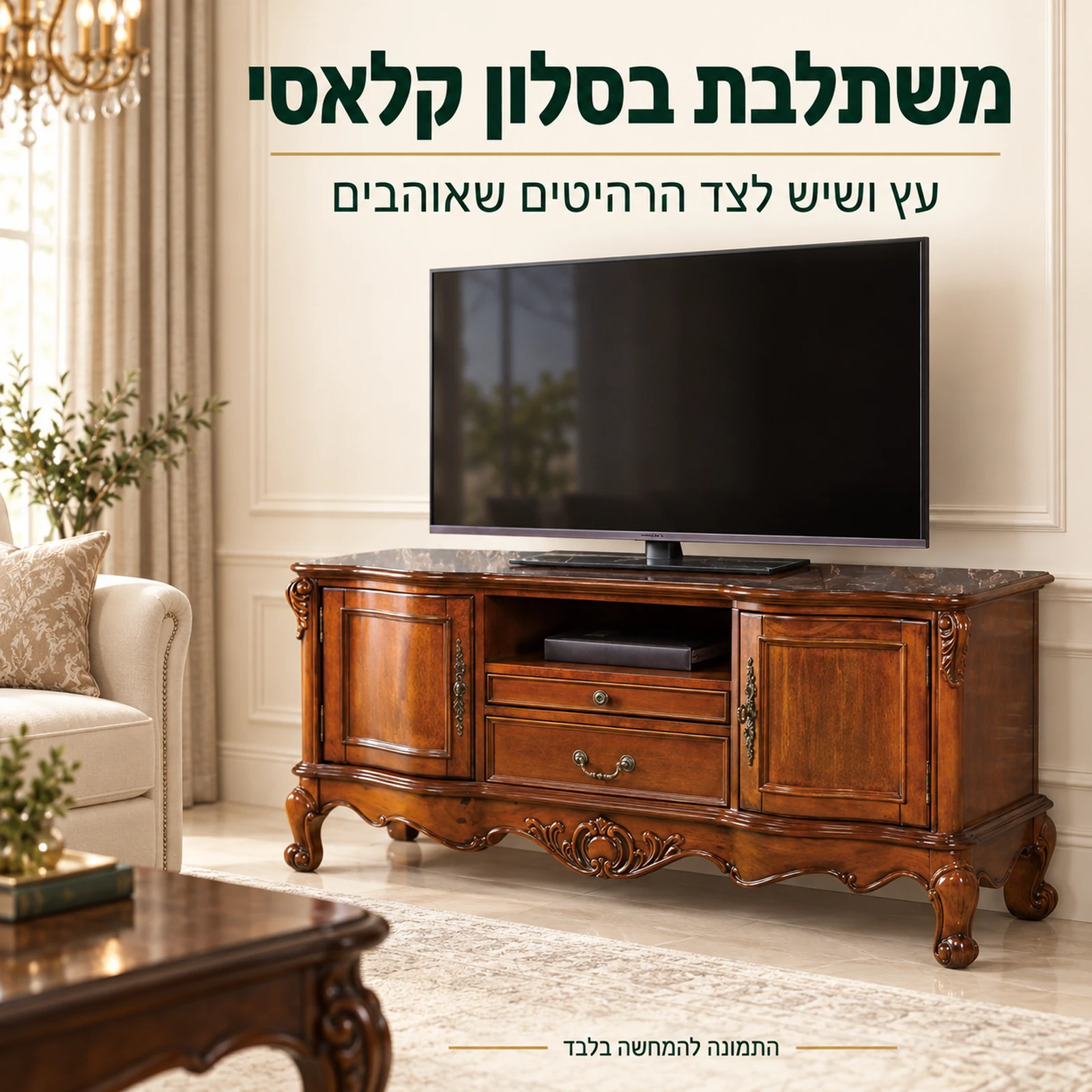 שידת טלוויזיה מעץ ומשטח שיש בסלון קלאסי