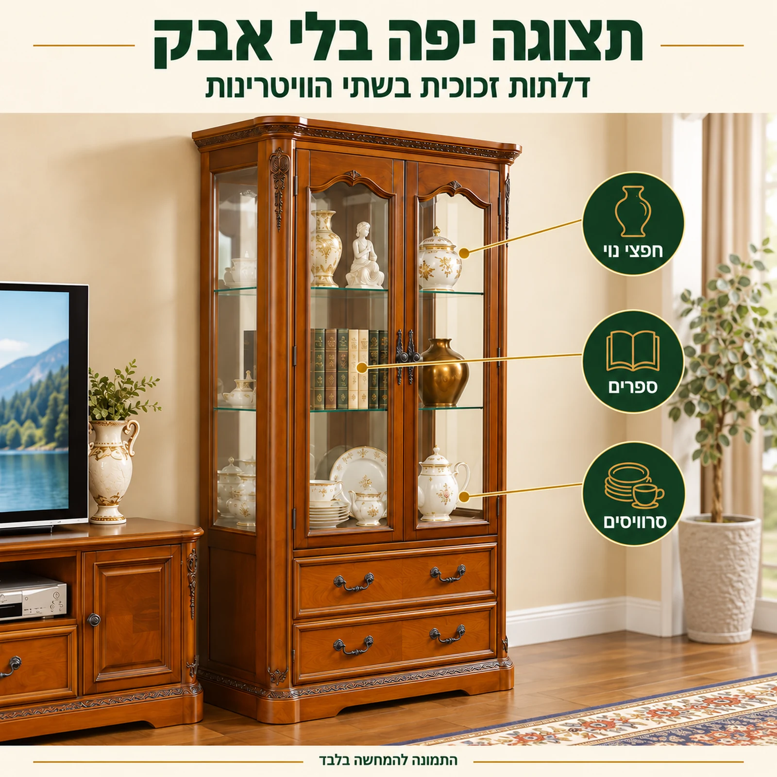 מזנון קלאסי מעץ מלא – ויטרינות עם דלתות זכוכית לתצוגת חפצי נוי