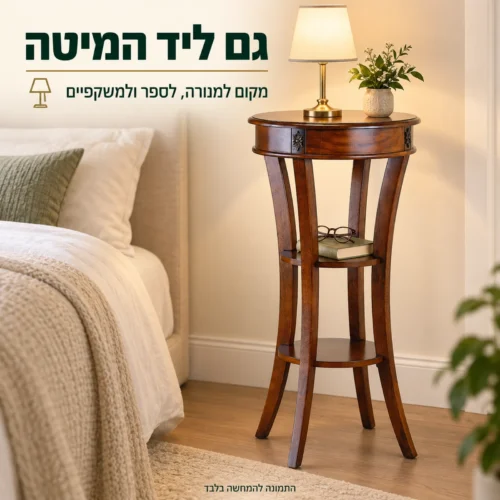 שולחן צד גבוה מעץ לצד המיטה, עם מנורה, ספר ומשקפיים