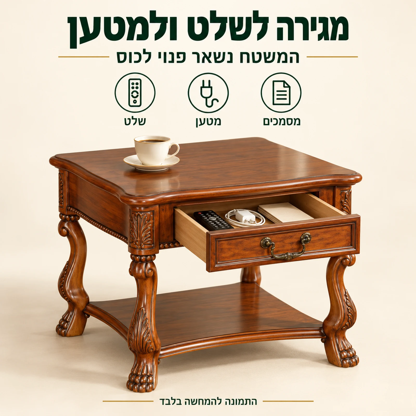 שולחן צד מעץ עם מגירה לשלט, למטען ולמסמכים