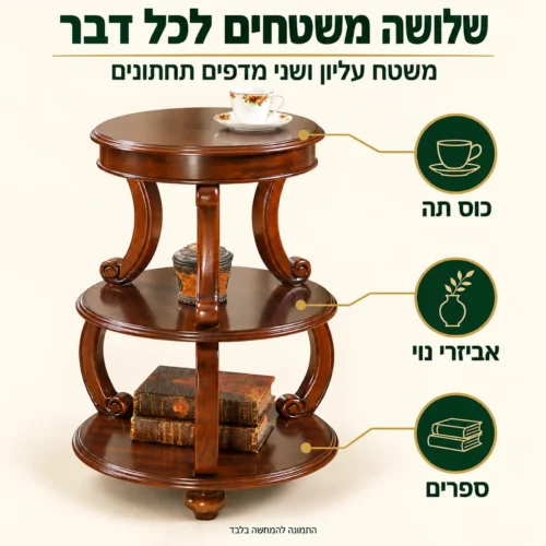 שולחן צד עגול מעץ עם משטח עליון ושני מדפים לאחסון ותצוגה