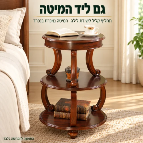 שולחן צד עגול מעץ כשידת לילה בחדר השינה