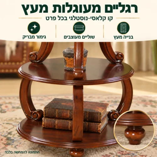 רגליים מעוגלות ופרטי עיצוב של שולחן צד עגול מעץ