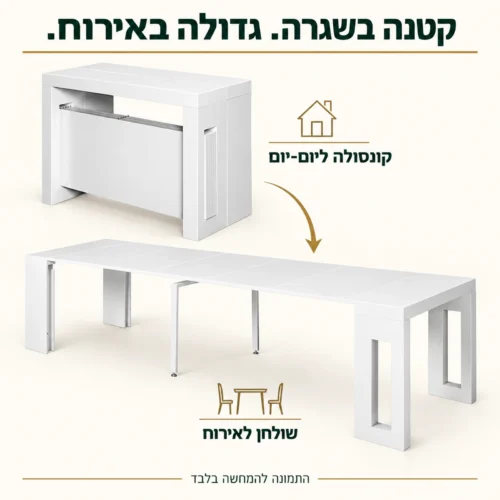 שולחן קונסולה לבן מבריק במצב סגור ובמצב פתוח לאירוח