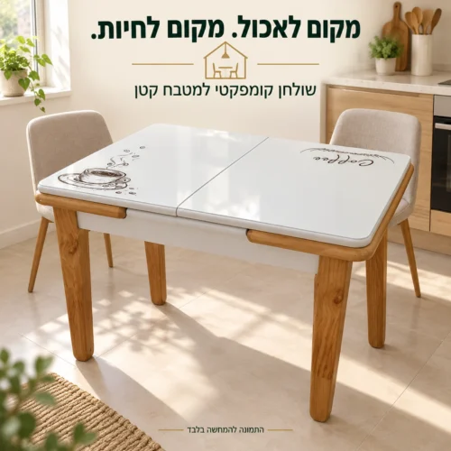 שולחן אוכל Coffee סגור במטבח קטן עם משטח זכוכית ומסגרת עץ