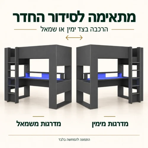 מיטת גלריה ושולחן גיימינג – הרכבה עם מדרגות מימין או משמאל