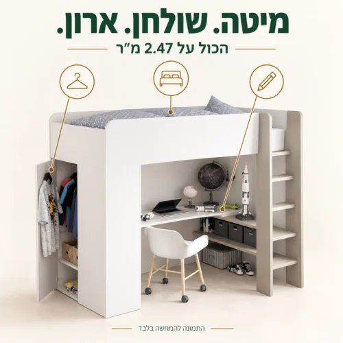 מיטת גלריה עם שולחן וארון ביחידה אחת על שטח רצפה של 2.47 מ״ר