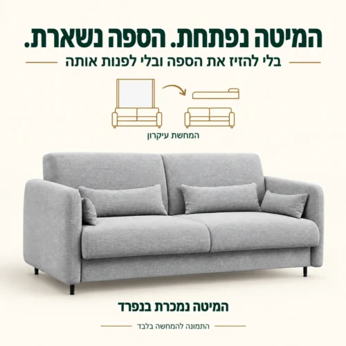 המיטה הנפרדת נפתחת מעל הספה בלי להזיז או לפנות אותה – המחשת עיקרון