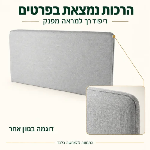 ראש מיטה מרופד בגוון אפור ומבט מקרוב על הריפוד והקצה