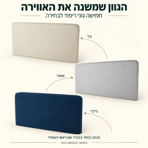 ראש מיטה מרופד בשלושה גוונים לדוגמה: בז׳, אפור ונייבי; חמישה גוונים לבחירה