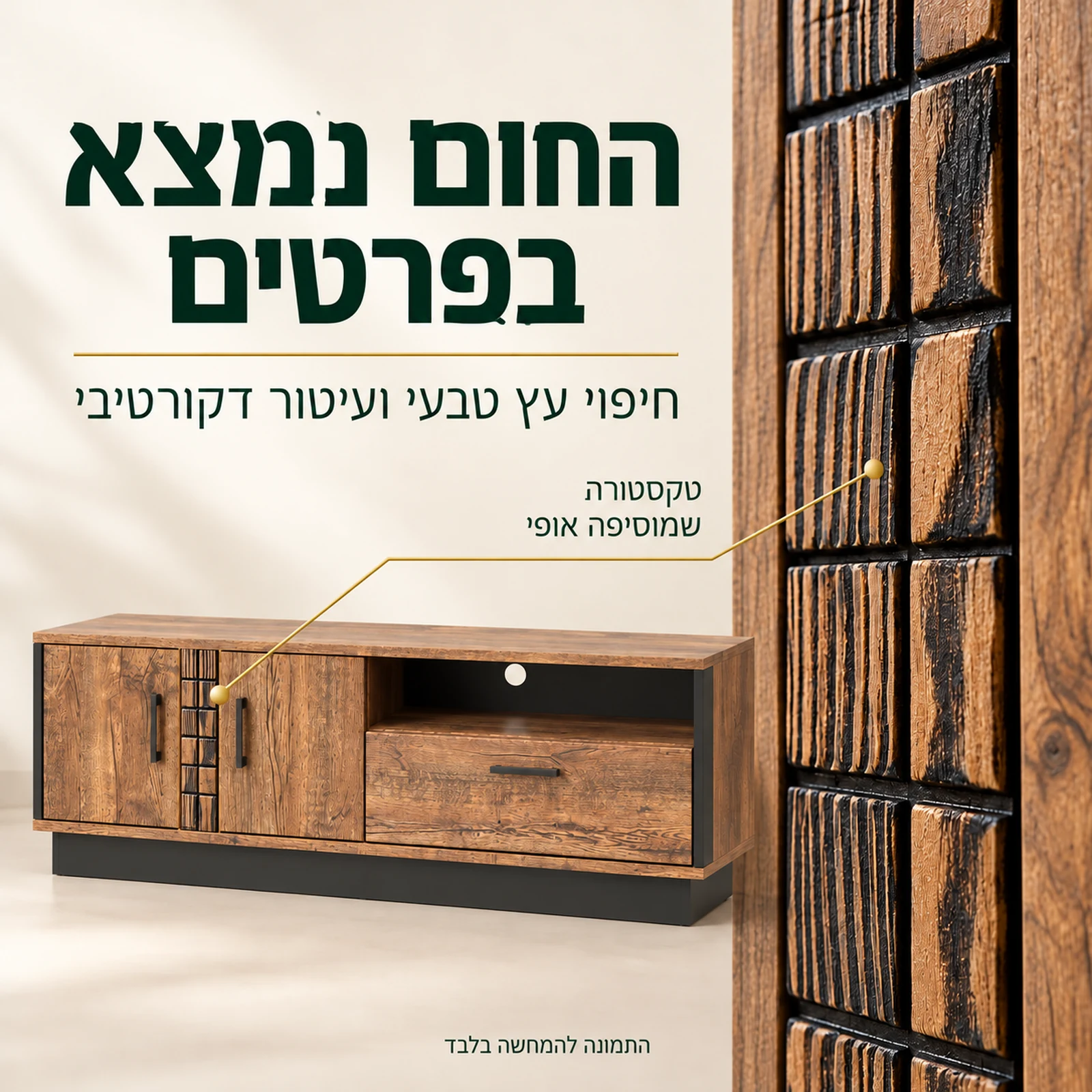ORIAN R07 – חיפוי עץ טבעי ועיטור דקורטיבי בתקריב לצד שידת הטלוויזיה