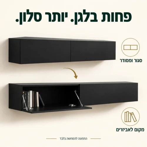 מזנון טלוויזיה צף שחור מט BINGO 180 – אחסון סגור ופתיחת דלת שמאל כלפי מטה