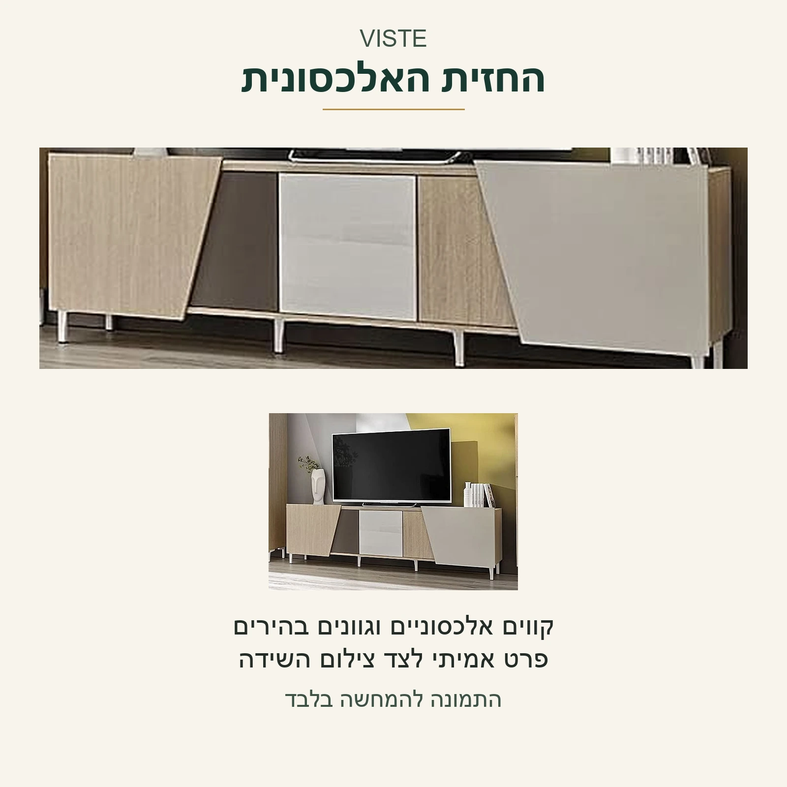 VISTE — פרט אמיתי של הקווים האלכסוניים והגוונים הבהירים בחזית, לצד צילום שידת הטלוויזיה; גוונים בהירים כפי שהם בצילום המקור