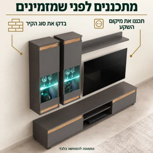 תכנון התקנת מזנון עם ויטרינות תלויות: בדיקת סוג הקיר ומיקום השקע לתאורה ולציוד
