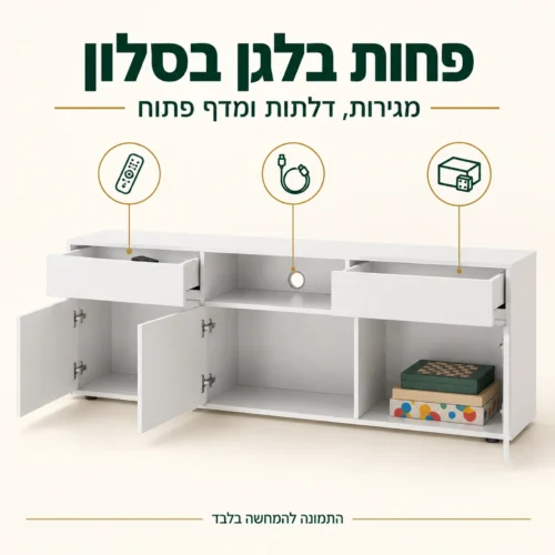 שידת טלוויזיה לבנה עם שתי מגירות ושלוש דלתות פתוחות לאחסון מסודר