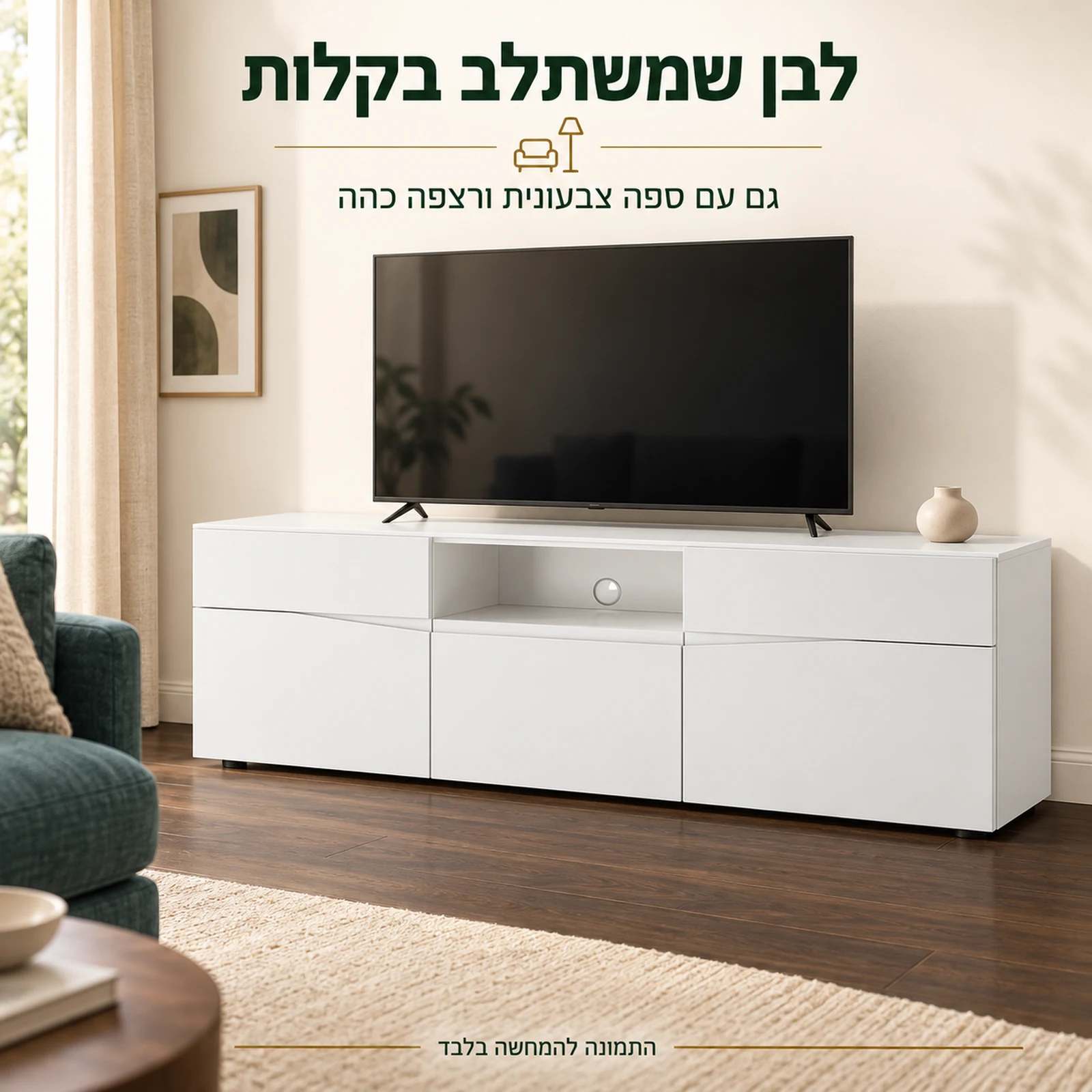 שידת טלוויזיה לבנה בסלון עם ספה צבעונית ורצפה כהה
