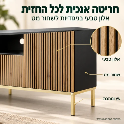מזנון טלוויזיה RAVENNA – חריטה אנכית באלון טבעי לצד שחור מט ורגליות מוזהבות