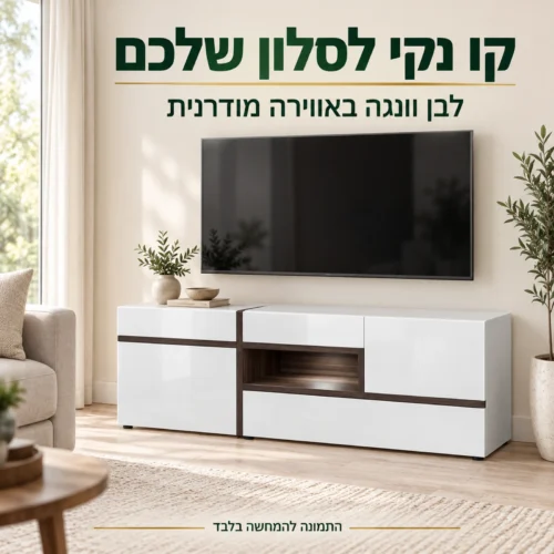 שידת טלוויזיה לבנה בשילוב ונגה בסלון מודרני