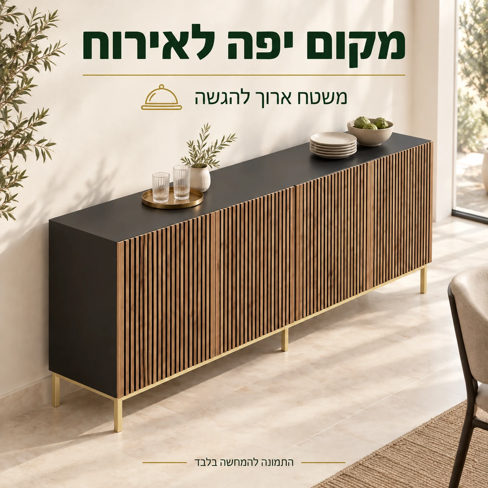קומודה רחבה בפינת אוכל עם משטח להגשה