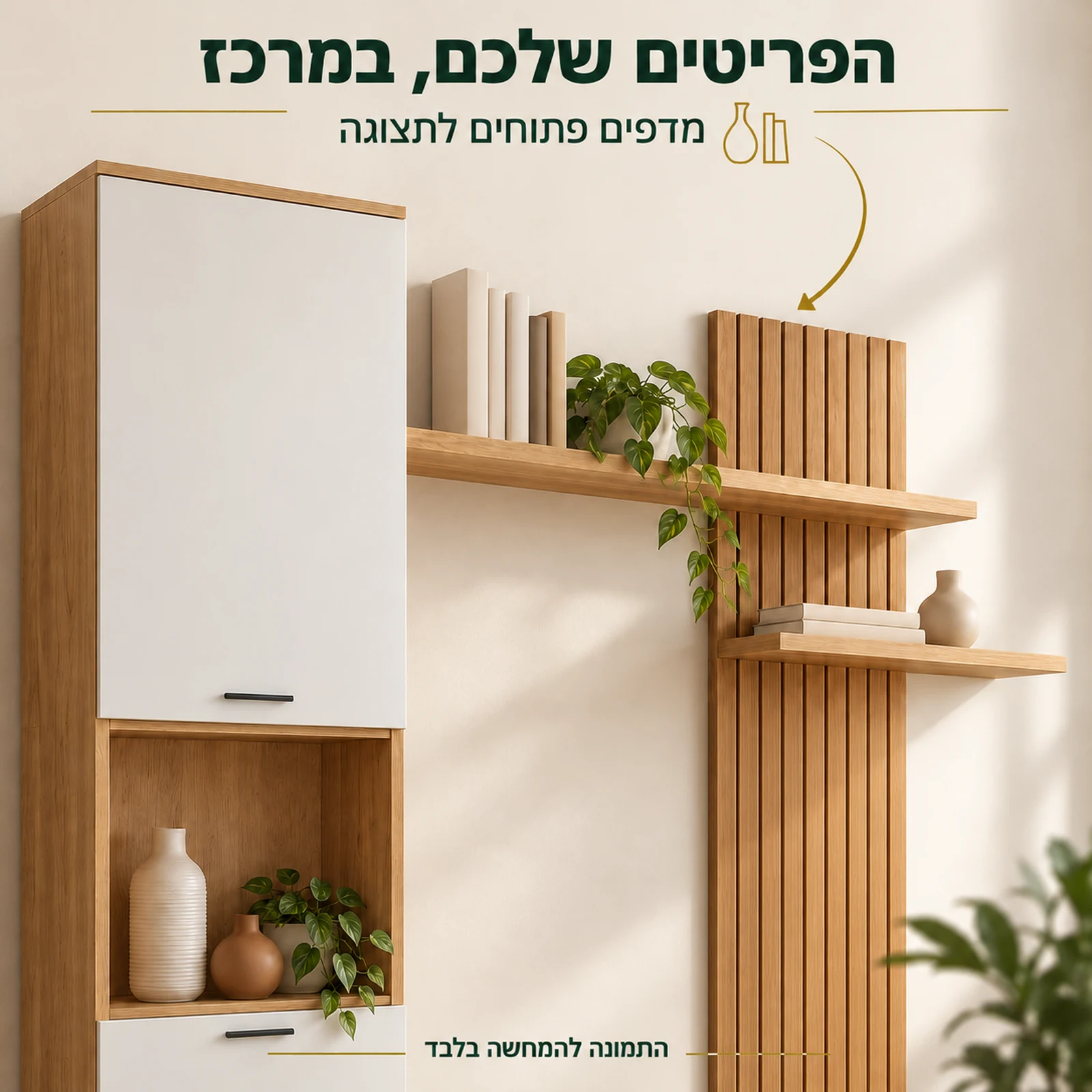 המדפים הפתוחים ונישת התצוגה ביחידת הקיר Rossa