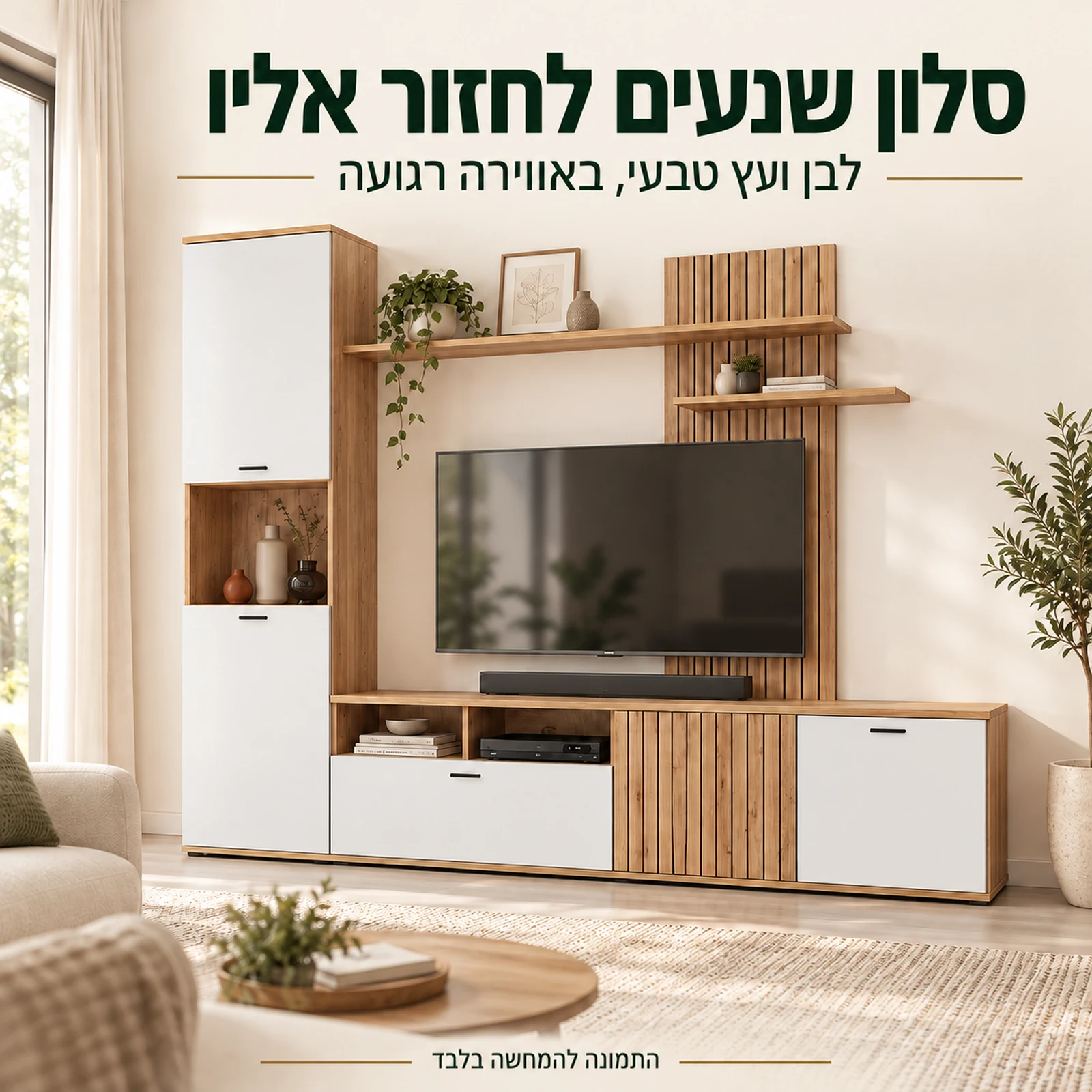 יחידת הקיר Rossa בסלון בהיר בשילוב לבן ועץ טבעי