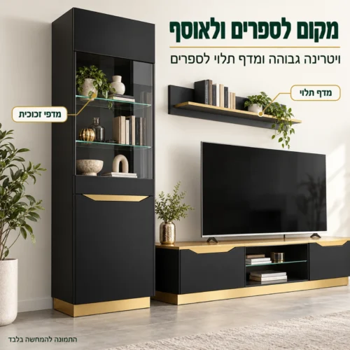 ויטרינה גבוהה ומדף תלוי במערכת FAME B – מקום לספרים ולפריטי נוי