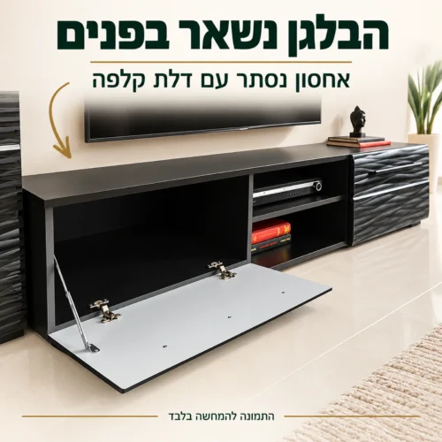 דלת קלפה פתוחה ותא אחסון נסתר בשידת הטלוויזיה