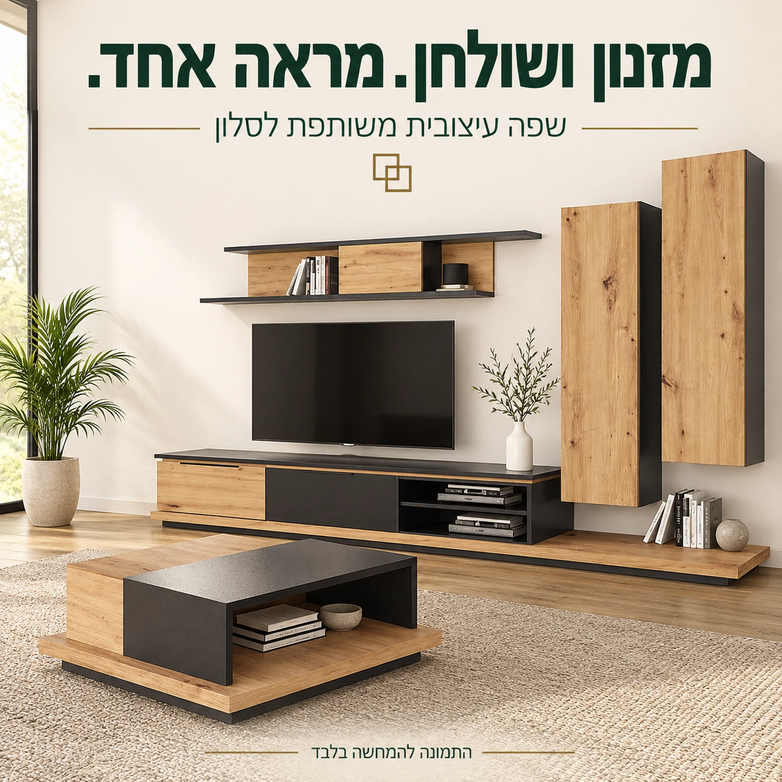 מזנון ושולחן סלוני תואם בגוונים אפורים ובעץ בהיר
