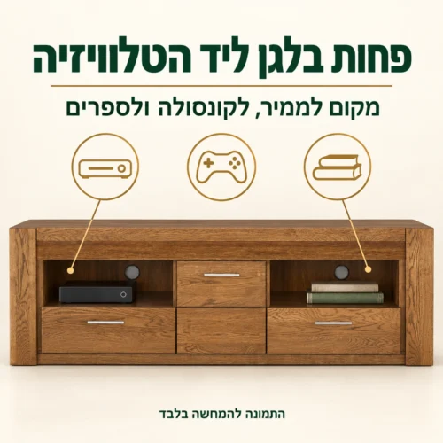 שידת טלוויזיה מעץ אלון מלא עם נישות לממיר ולספרים