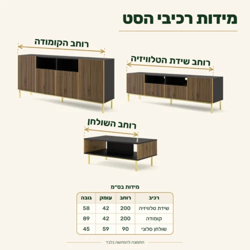 סט ריהוט RAVENNA – מידות רכיבים בס״מ (רוחב x עומק x גובה): שידת טלוויזיה 200x42x58, קומודה 200x42x89, שולחן סלוני 90x59x45