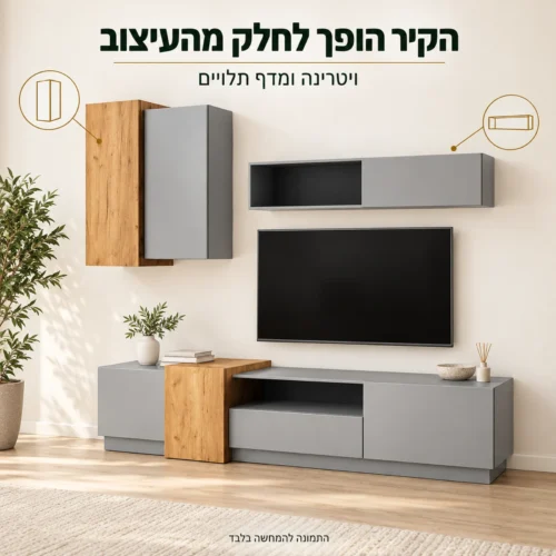 שידת טלוויזיה עם ויטרינה ומדף תלויים תואמים