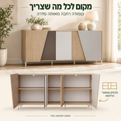 קומודה רחבה מסדרת Viste B – חזית סגורה ומדפי אחסון פתוחים