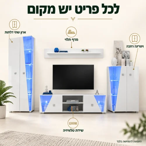 רכיבי מערכת הסלון – ארון, ויטרינה, שידת טלוויזיה ומדף תלוי