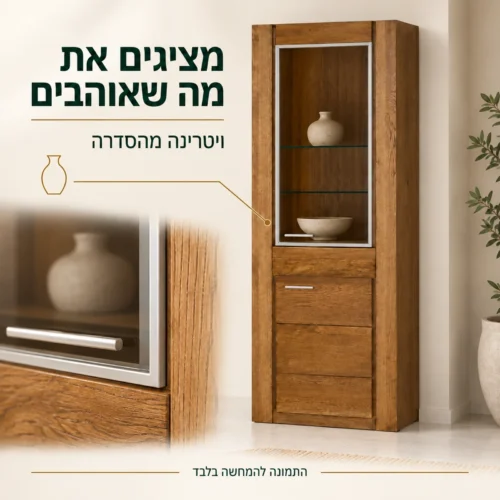 ויטרינה גבוהה VELVET מעץ מלא עם חזית זכוכית ושני מדפים