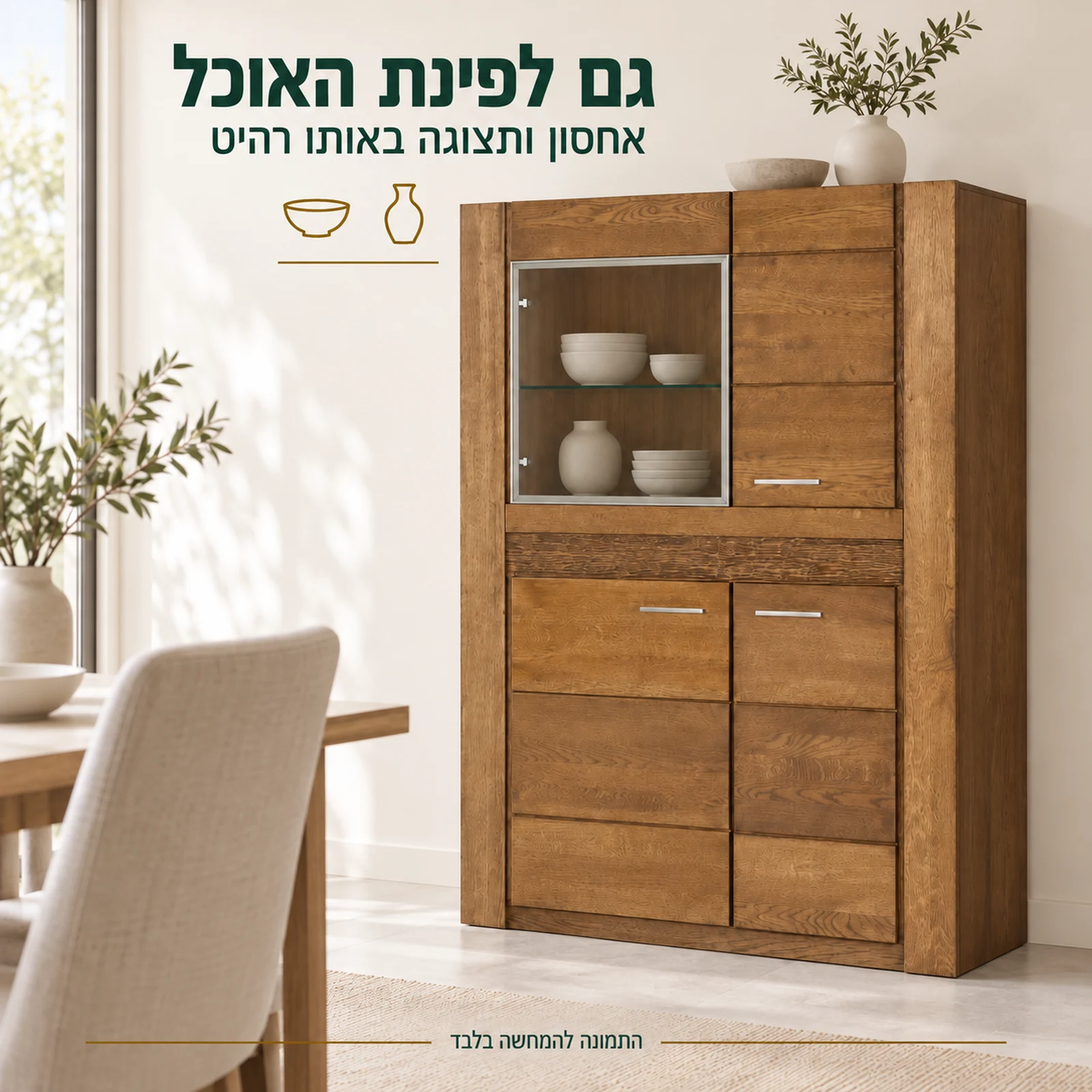 קומודה גבוהה VELVET מעץ מלא לפינת האוכל עם אחסון ותצוגה