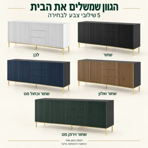 חמישה שילובי צבע לשידת כניסה: לבן, שחור, שחור וכחול מט, שחור ואלון, שחור וירוק מט