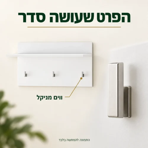 פרט של וו ניקל מלבני על מתלה הקיר הלבן לצד מראה המתלה השלם
