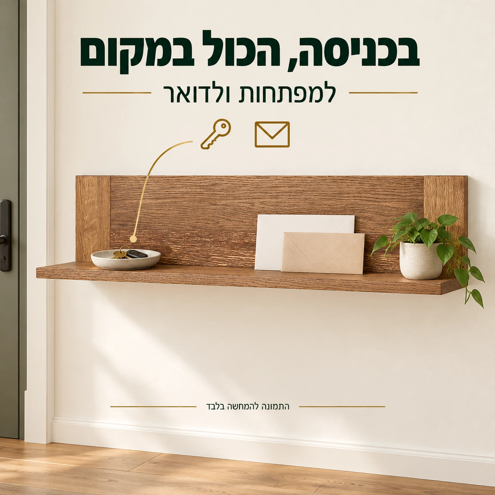 מדף קיר מעץ מלא בגימור אלון מעושן – למפתחות ולדואר בכניסה