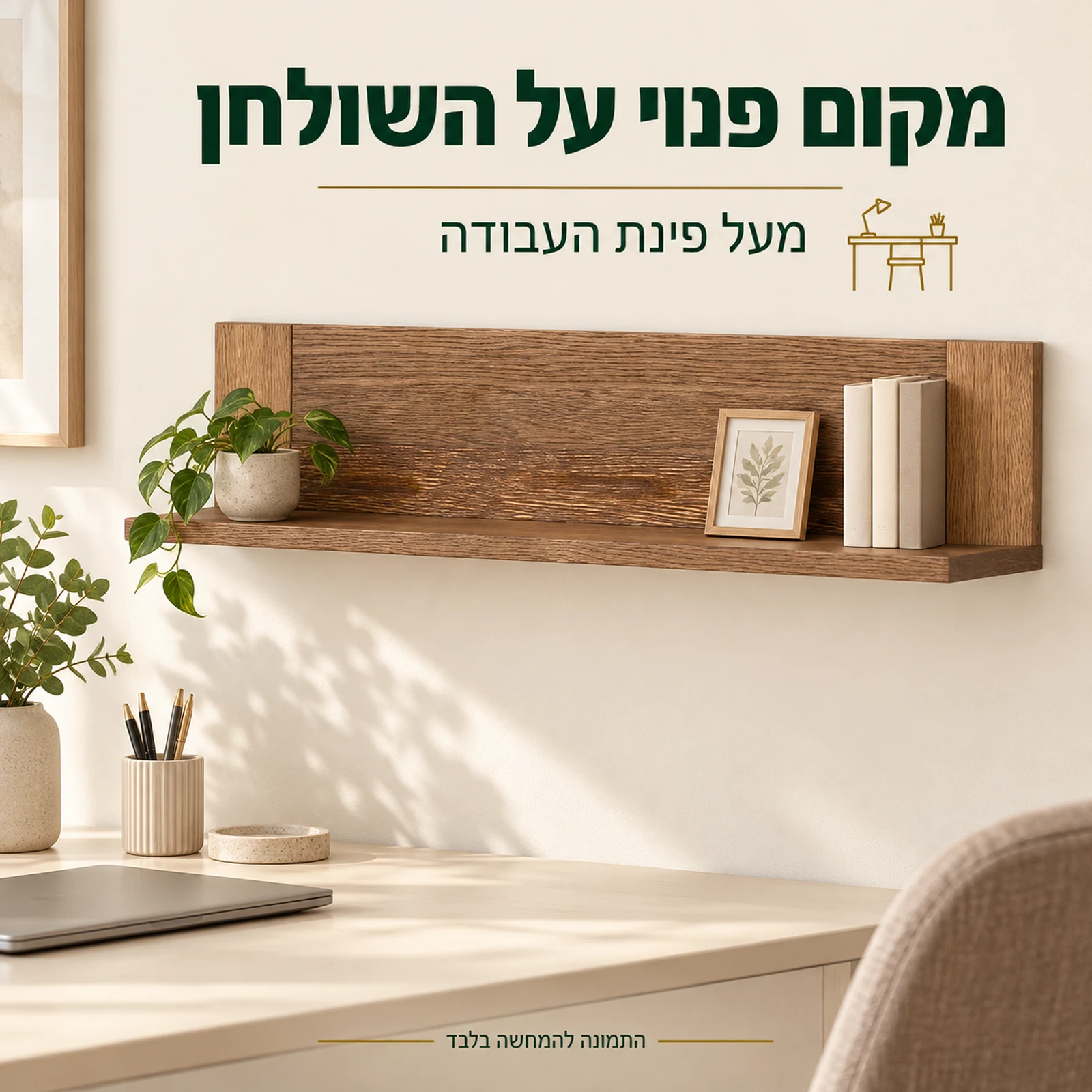 מדף קיר מעץ מלא בגימור אלון מעושן מעל פינת העבודה