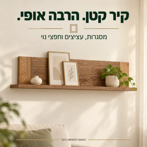 מדף קיר בגימור אלון מעושן – מסגרות ועציצים בסלון