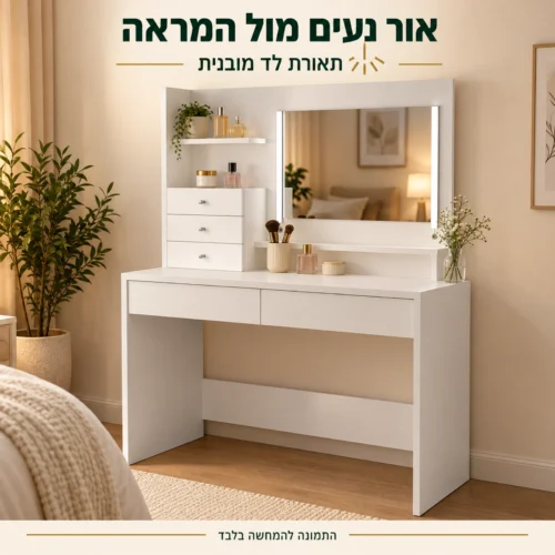 שידת איפור WISH בלבן עם מראה ותאורת לד מובנית