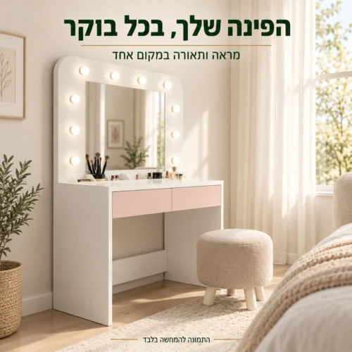 שידת איפור עם מראה ותאורה בחדר שינה, בגוון לבן וורוד עתיק