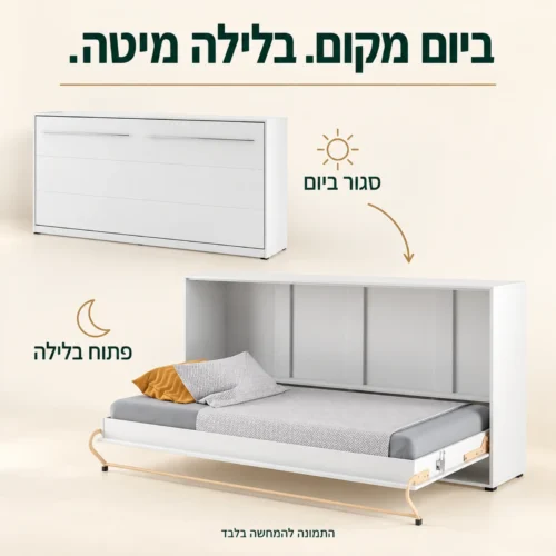 מיטת קיר יחיד אופקית בשני מצבים: ארון סגור ביום ומיטה פתוחה בלילה
