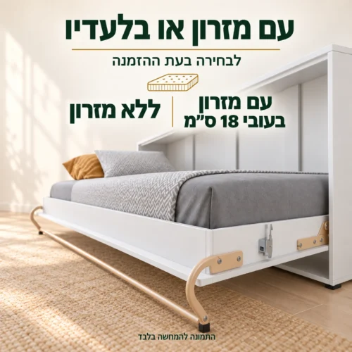 מיטת קיר עם בחירה ללא מזרון או עם מזרון בעובי 18 ס״מ