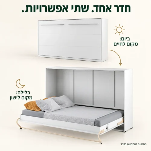 מיטת קיר אופקית לבנה – מצב סגור ביום ומצב פתוח בלילה