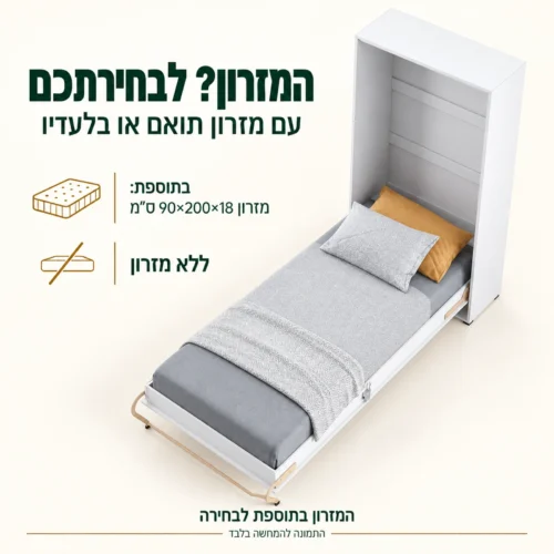 מיטת קיר יחיד אנכית – אפשרות למזרון תואם 90×200×18 ס״מ בתוספת
