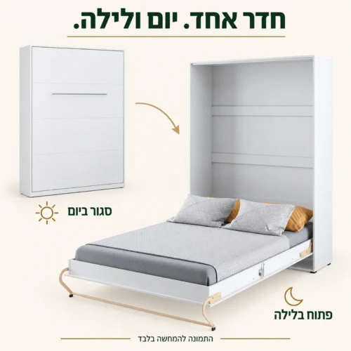 מיטת קיר זוגית אנכית – מצב סגור ביום ומצב פתוח בלילה